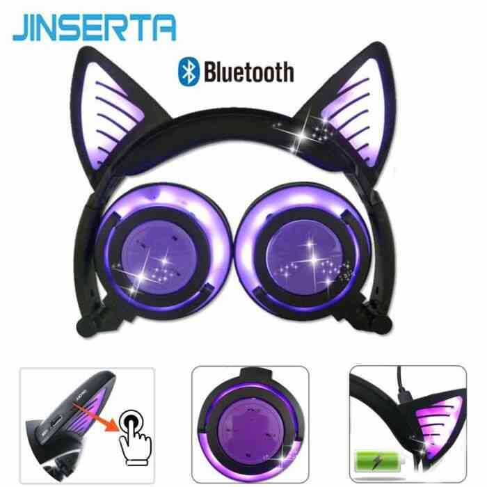 Casque audio JINSERTA Bluetooth écouteur chat oreille sans fil casque microphone clignotant casque lumineux avec lumière LED - pink