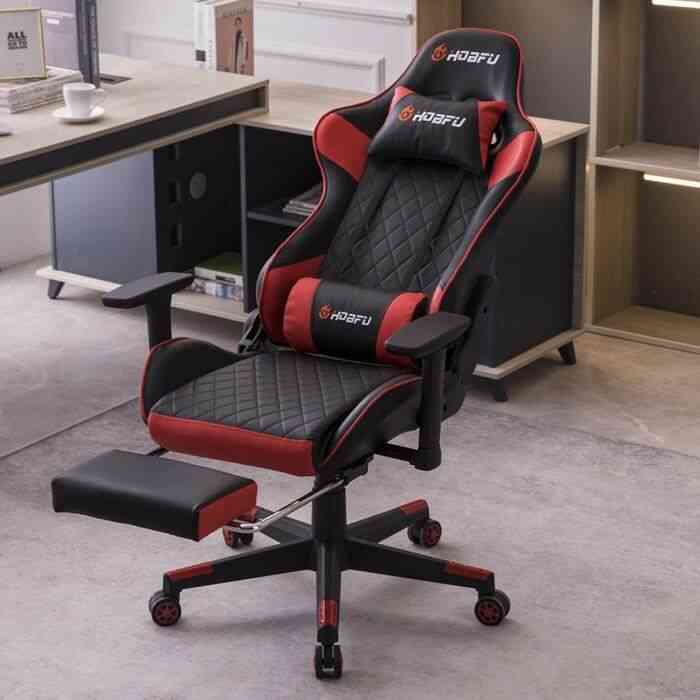 Chaise de jeu ergonomique, chaise de bureau, inclinable, avec repose-pieds et accoudoir relevable noir + rouge