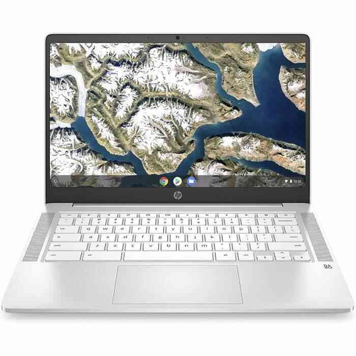 HP Chromebook 14a-na0005nf Ordinateur Ultraportable 14 HD Blanc (Intel Celeron, RAM 4 Go, eMMC 32 Go, AZERTY, Chrome OS)