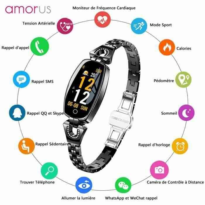 Montre Connectée Femme IP67 Etanche Smartwatch avec Moniteur de Fréquence Cardiaque, Podomètre, Sommeil Noir AMORUS Smart Watch