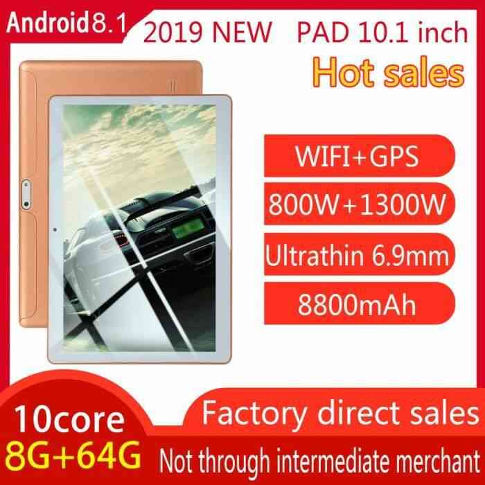 Tablette 10.1 Pouce HD Grand Écran Android 8.10 Version Mode Tablette Portable Portable 8G + 64G Tablette Dorée